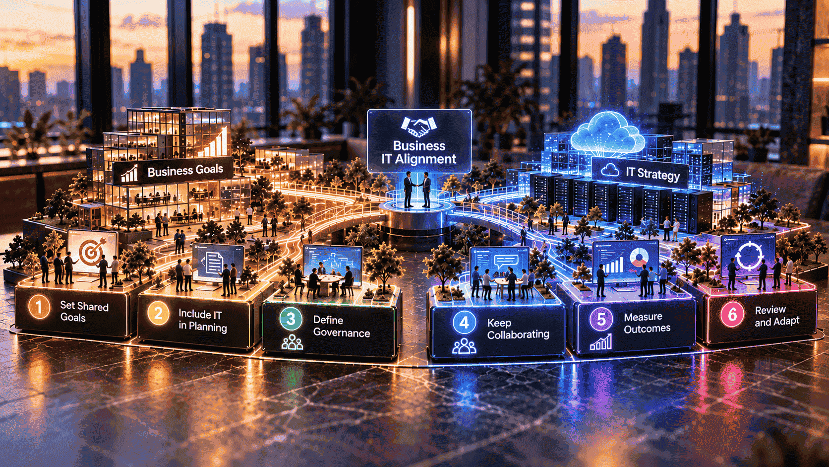 Six steps to build strong business IT alignment, from shared objectives and business planning to governance, collaboration, performance measurement, and continuous improvement.