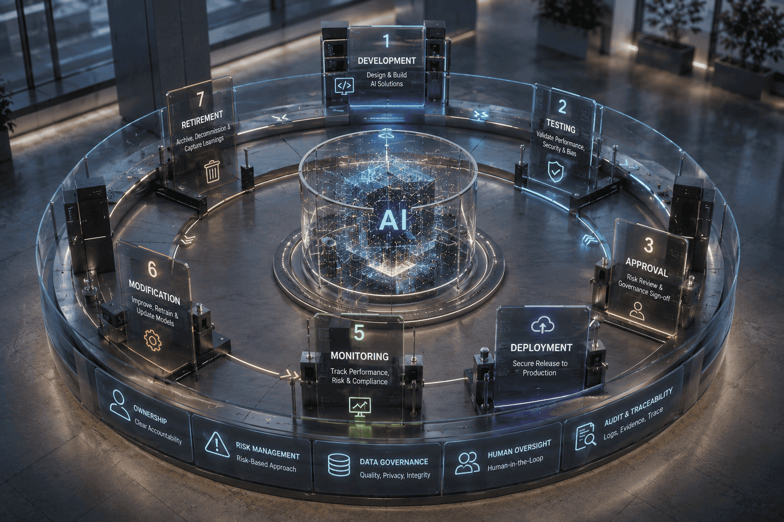 AI governance lifecycle showing development, testing, approval, deployment, monitoring, modification, and retirement of enterprise AI systems