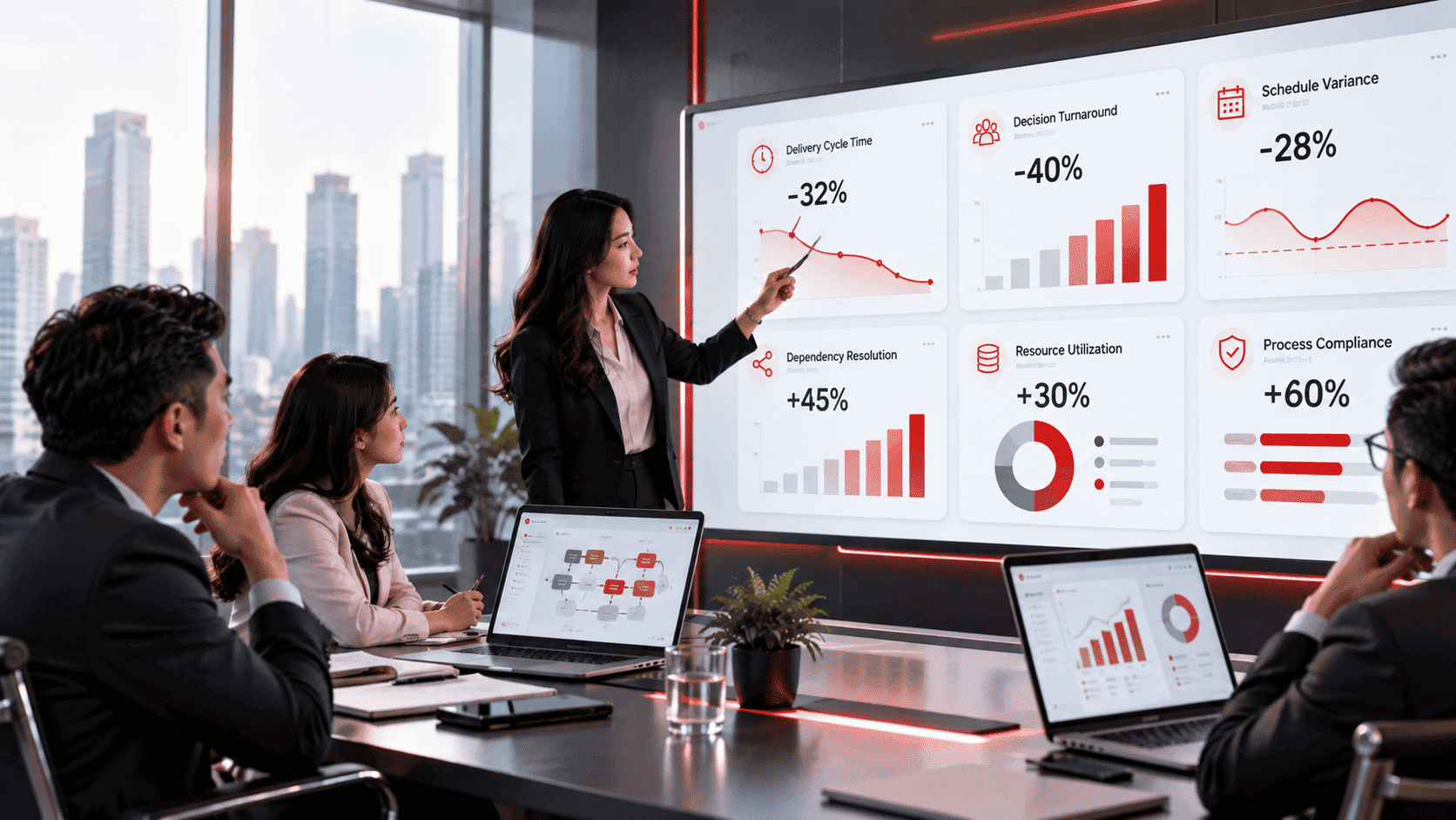 Enterprise delivery performance dashboard showing cycle time, decision turnaround, and schedule variance