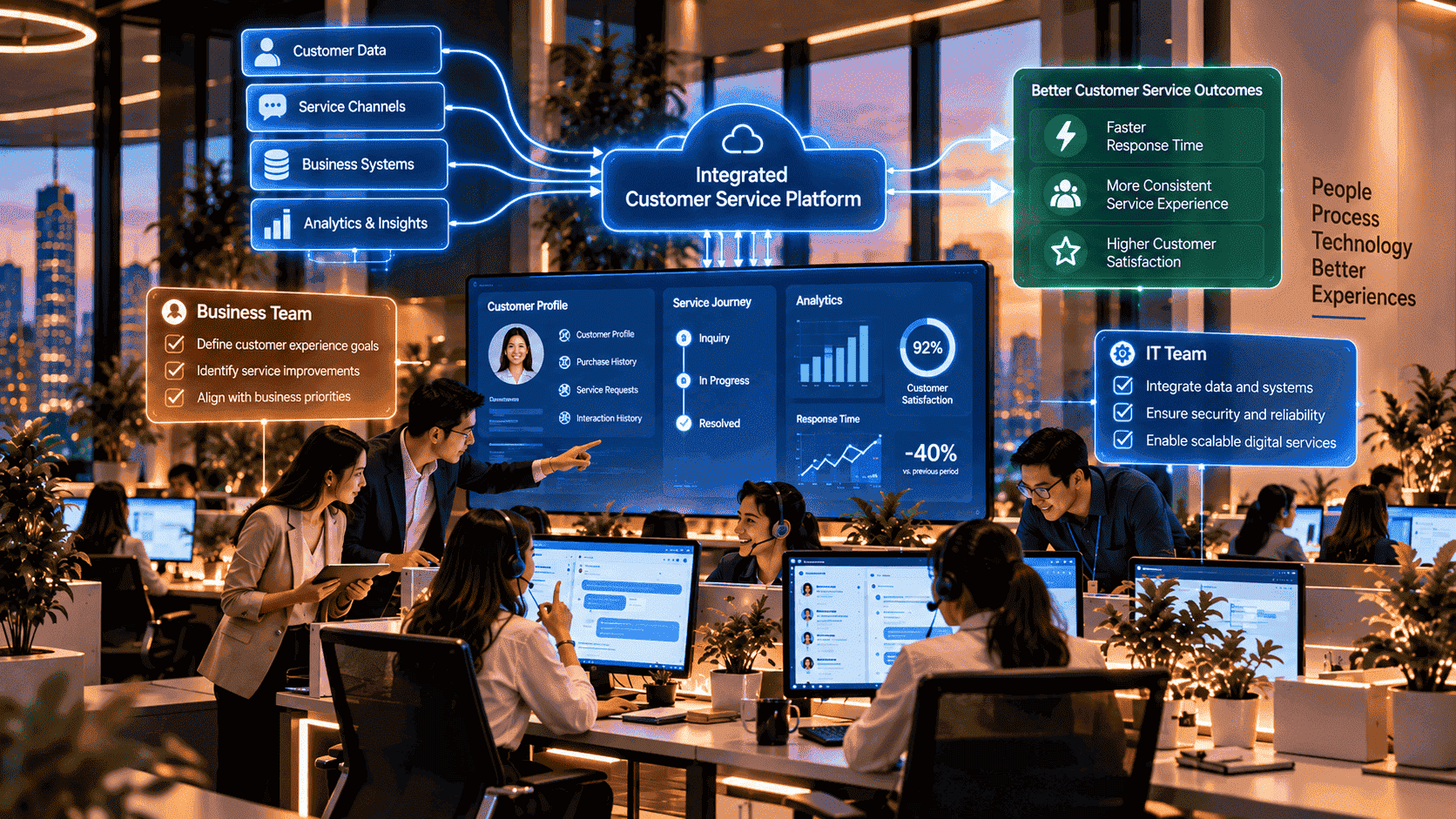 Business and IT teams using an integrated customer service platform to connect customer data, business systems, and service analytics for better customer experiences.