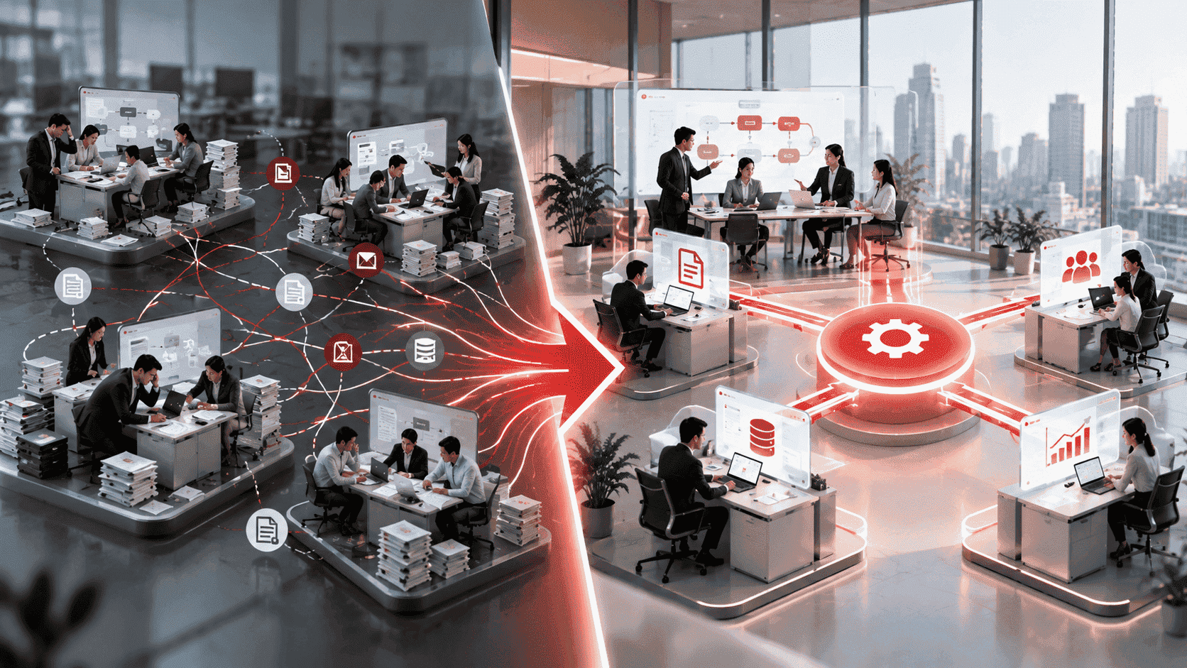 Fragmented enterprise workflows transitioning into coordinated business processes